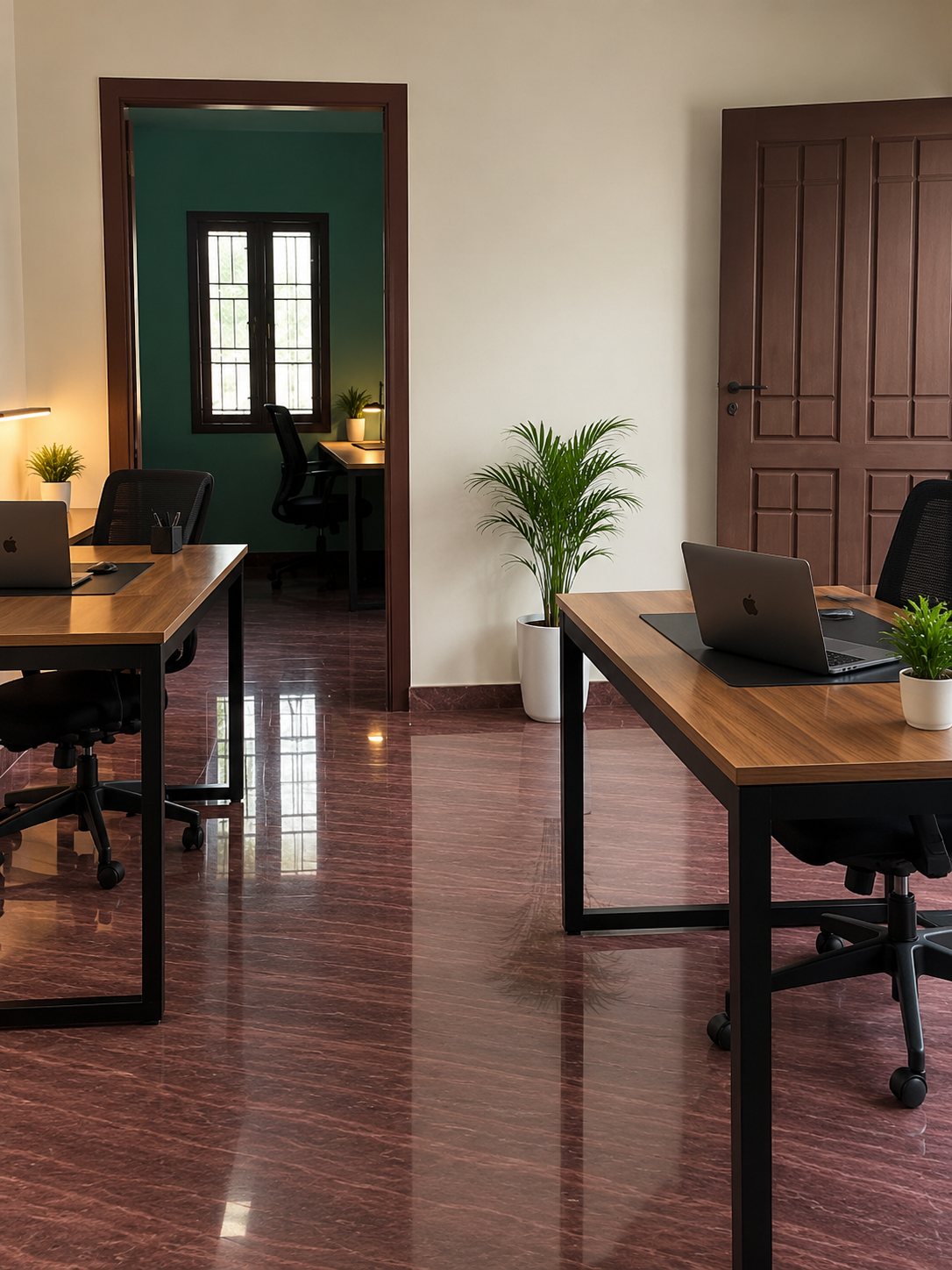 The ALCRISTAR workspace — desks, laptops and plants in a bright office room